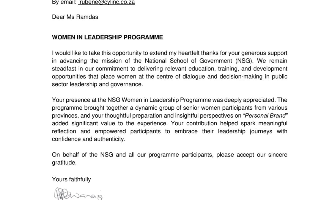 Women in Leadership Programme — Letter of Appreciation to Rubene Ramdas