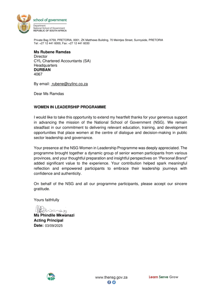 Women in Leadership Programme — Letter of Appreciation to Rubene Ramdas